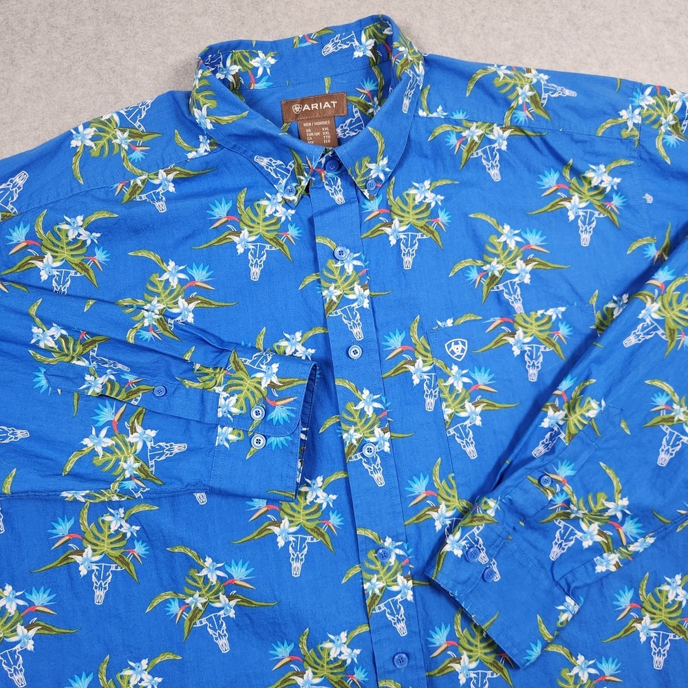 Ariat Shirt XXL Blue Western Tropical Skull Floral Vacation Rodeo Button Down